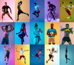 Die Abbildung zeigt fünfzehn Frauen und Männer die fünfzehn verschiedene Sportarten ausüben, unter anderem Tennis, Fussball, Rugby, Handball, Judo, Aerobic, Basketball usw.